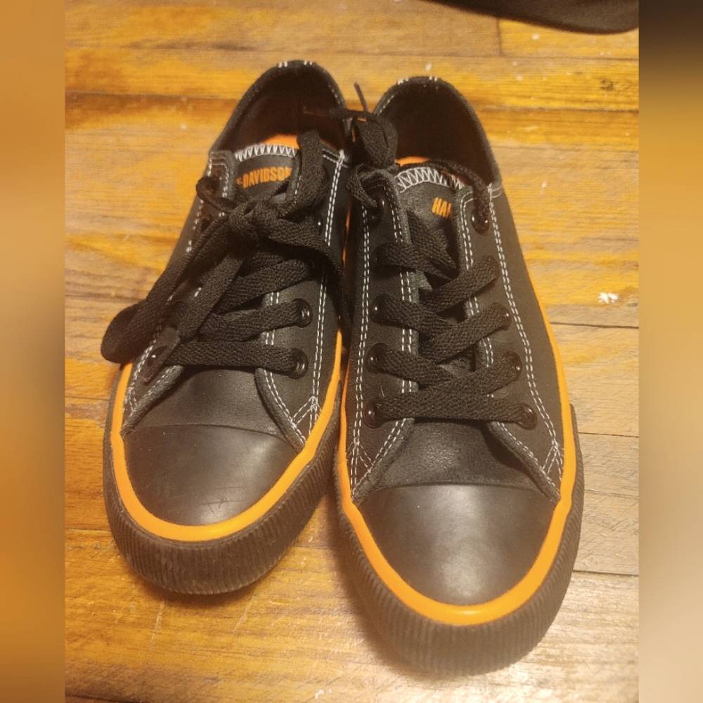 Harley Davidson sneakers, black and orange, leather, size 7